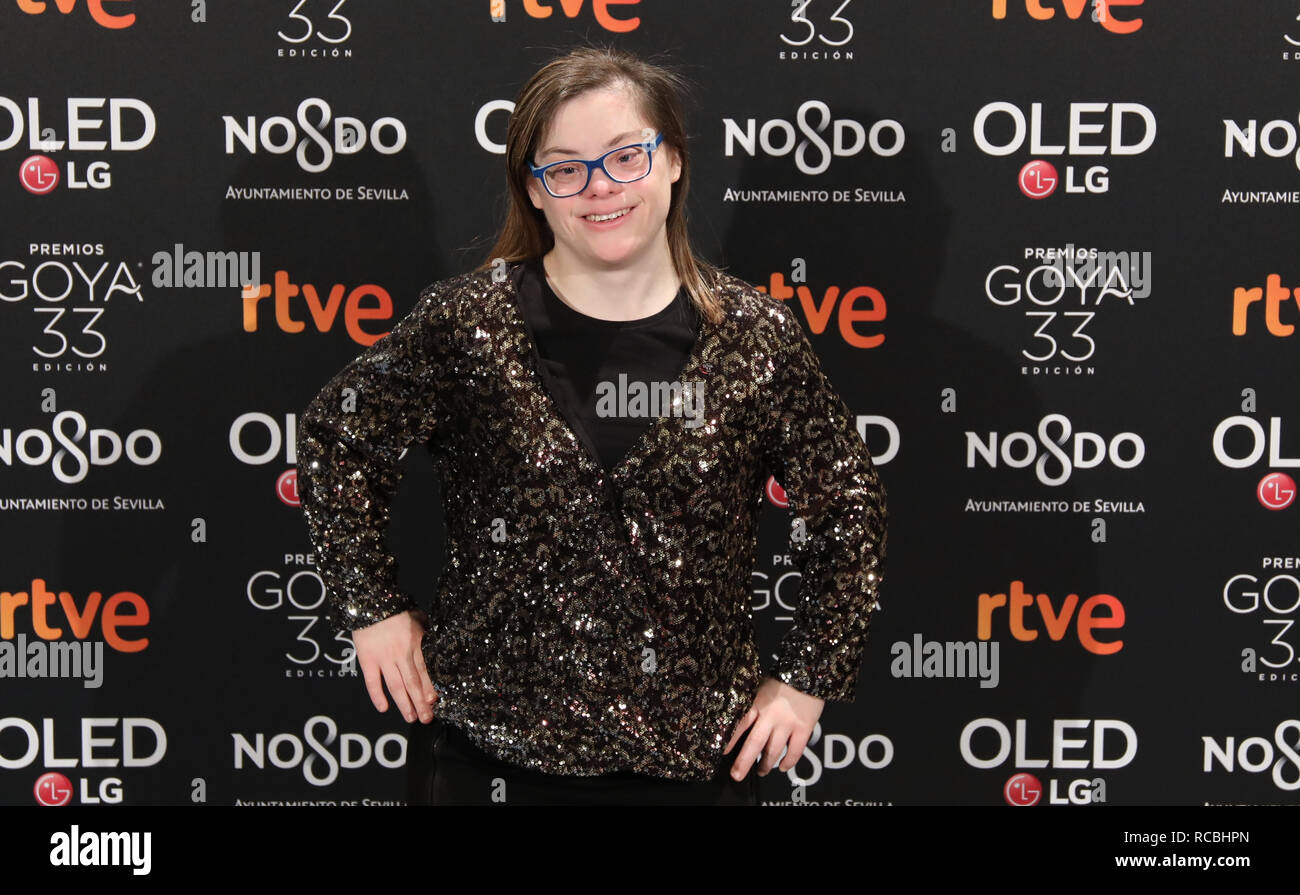 Gloria Ramos, nominated for Best New Actress in the movie 'Campeones'. The Goya 2019 has already started with the Nominees party, held this Monday at the Teatro Real in Madrid, to where some of the most important faces of Spanish cinema and the nominees in all categories of the awards have moved. Stock Photo
