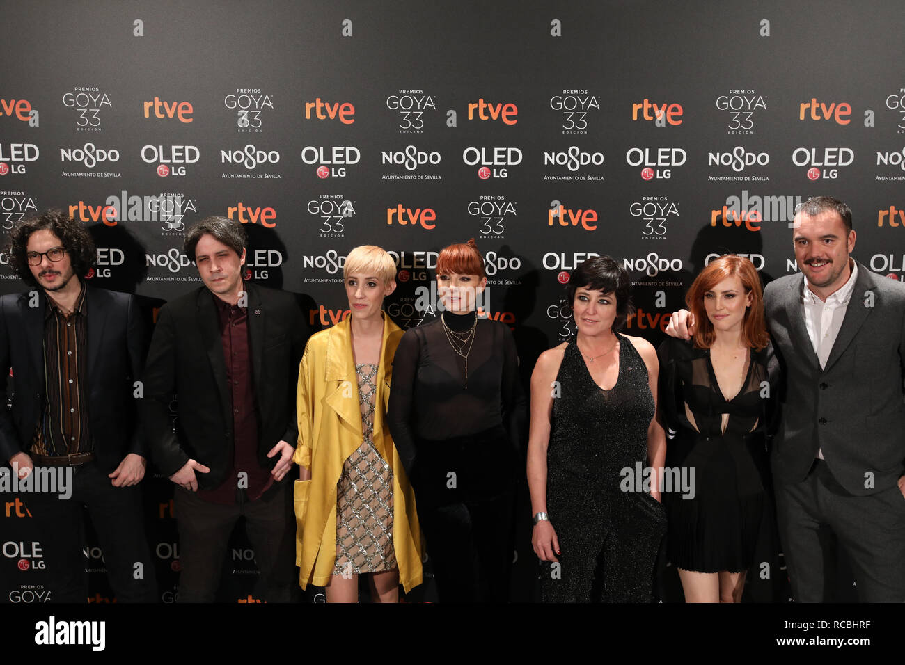 The team of the movie 'Quién te cantará'. The Goya 2019 has already started with the Nominees party, held this Monday at the Teatro Real in Madrid, to where some of the most important faces of Spanish cinema and the nominees in all categories of the awards have moved. Stock Photo