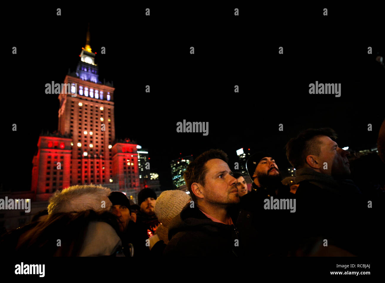 (190115) -- WARSAW, Jan. 15, 2019 (Xinhua) -- Mayor of Warsaw Rafal Trzaskowski (C) joins in a march in commemoration of Pawel Adamowicz, the late Mayor of the Polish port city of Gdansk, in center of Warsaw, Poland, Jan. 14, 2018. The UN refugee agency, UNHCR, said Monday it is 'deeply shocked and saddened' to hear that Pawel Adamowicz has died after being stabbed at a charity event. Adamowicz launched the Gdansk 'Immigrant Integration Model' in 2016, a model that has inspired other Polish cities, said the UN agency. The agency wrote in February 2018 that the Gdansk Model is a com Stock Photo