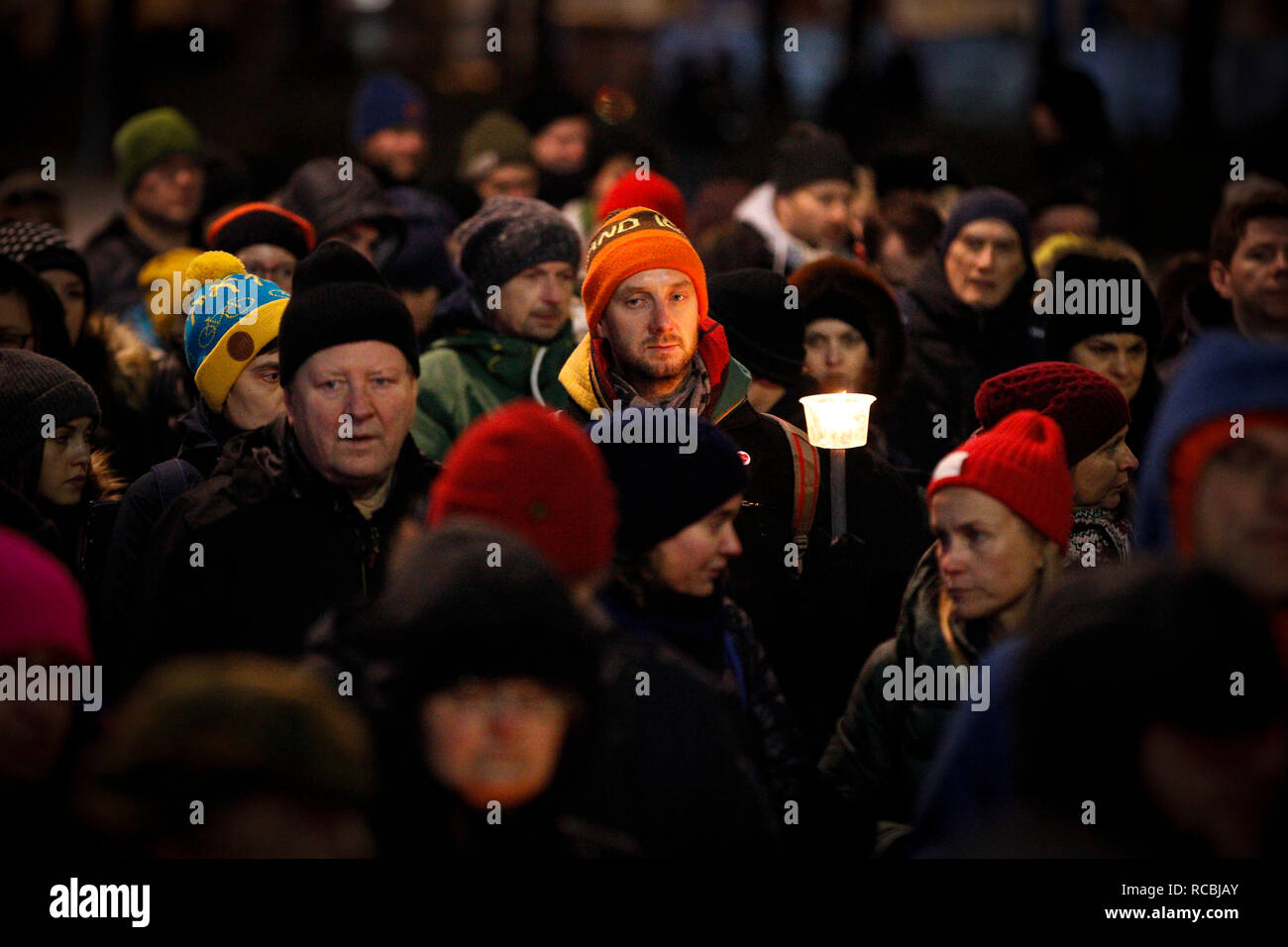 (190115) -- WARSAW, Jan. 15, 2019 (Xinhua) -- People march in commemoration of Pawel Adamowicz, the late Mayor of the Polish port city of Gdansk, in center of Warsaw, Poland, Jan. 14, 2018.     The UN refugee agency, UNHCR, said Monday it is 'deeply shocked and saddened' to hear that Pawel Adamowicz has died after being stabbed at a charity event.     Adamowicz launched the Gdansk 'Immigrant Integration Model' in 2016, a model that has inspired other Polish cities, said the UN agency.     The agency wrote in February 2018 that the Gdansk Model is a comprehensive program to help refugees and mi Stock Photo