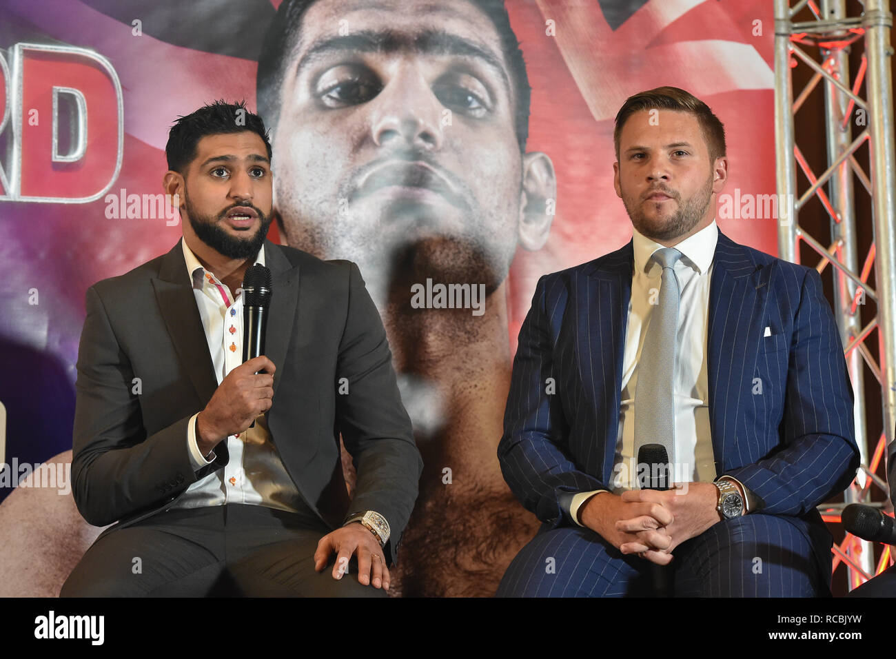 London, UK. 15th January, 2019. WBO Welterweight World Champion Terence 'Bud' Crawford and Amir 'King' Khan make a long-awaited announcement during Crawford-Khan Press Conference at The Landmark London Hotel on Tuesday, 15 January 2019. LONDON, ENGLAND. (Editorial use only, license required for commercial use. No use in betting, games or a single club/league/player publications.) Credit: Taka G Wu/Alamy Live News Stock Photo