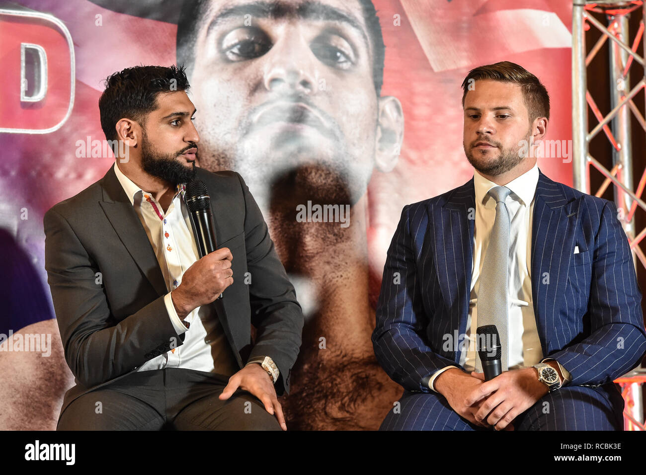 London, UK. 15th January, 2019. WBO Welterweight World Champion Terence 'Bud' Crawford and Amir 'King' Khan make a long-awaited announcement during Crawford-Khan Press Conference at The Landmark London Hotel on Tuesday, 15 January 2019. LONDON, ENGLAND. (Editorial use only, license required for commercial use. No use in betting, games or a single club/league/player publications.) Credit: Taka G Wu/Alamy Live News Stock Photo