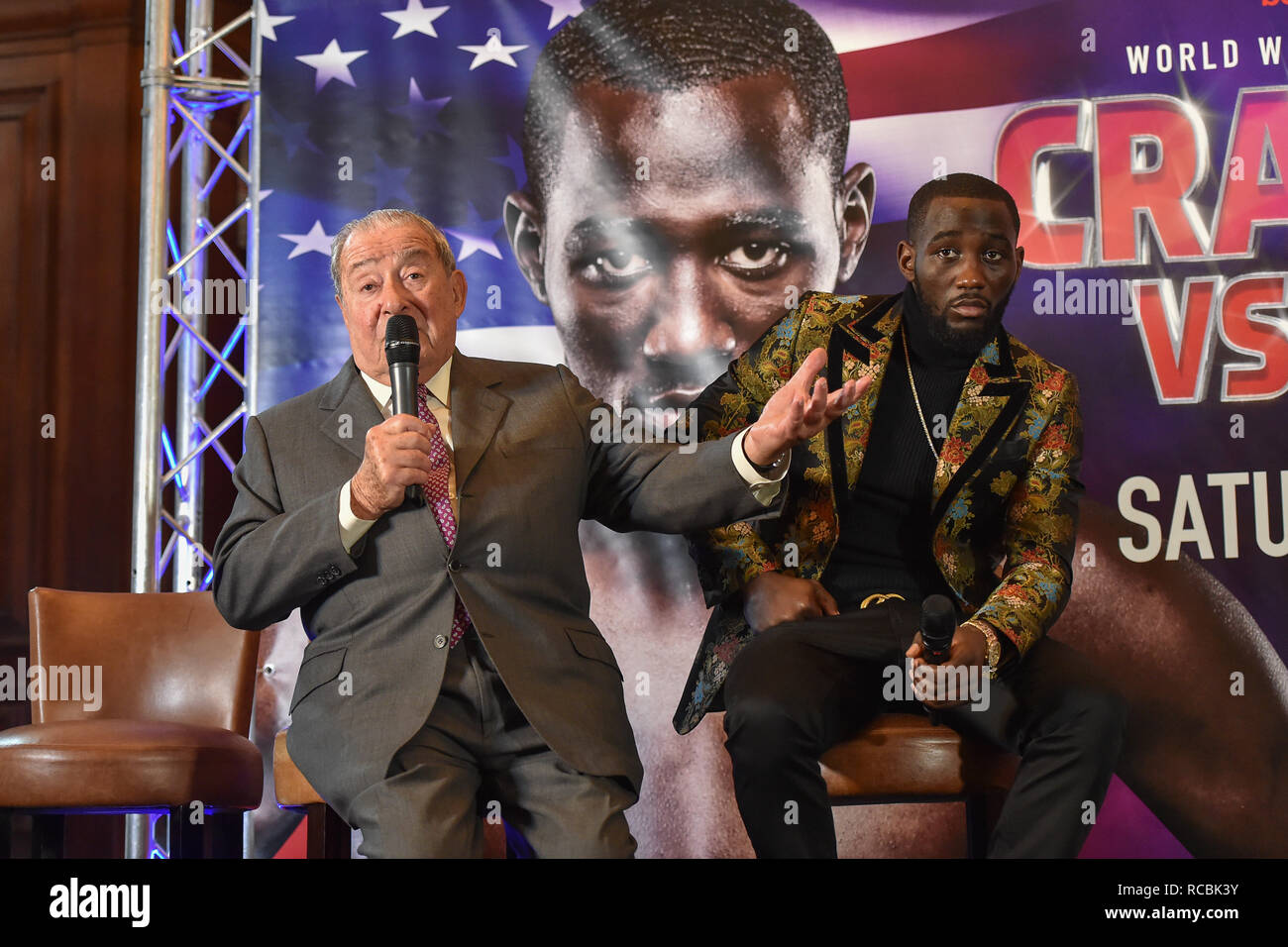 London, UK. 15th January, 2019. WBO Welterweight World Champion Terence 'Bud' Crawford and Amir 'King' Khan make a long-awaited announcement during Crawford-Khan Press Conference at The Landmark London Hotel on Tuesday, 15 January 2019. LONDON, ENGLAND. (Editorial use only, license required for commercial use. No use in betting, games or a single club/league/player publications.) Credit: Taka G Wu/Alamy Live News Stock Photo