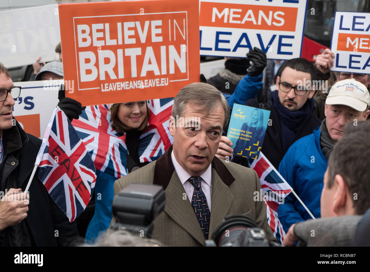 London, UK. 15th January 2019. Nigel Farage with brexit protesters outside Parliament in London, UK. Credit: Jason Wood/Alamy Live News. Stock Photo