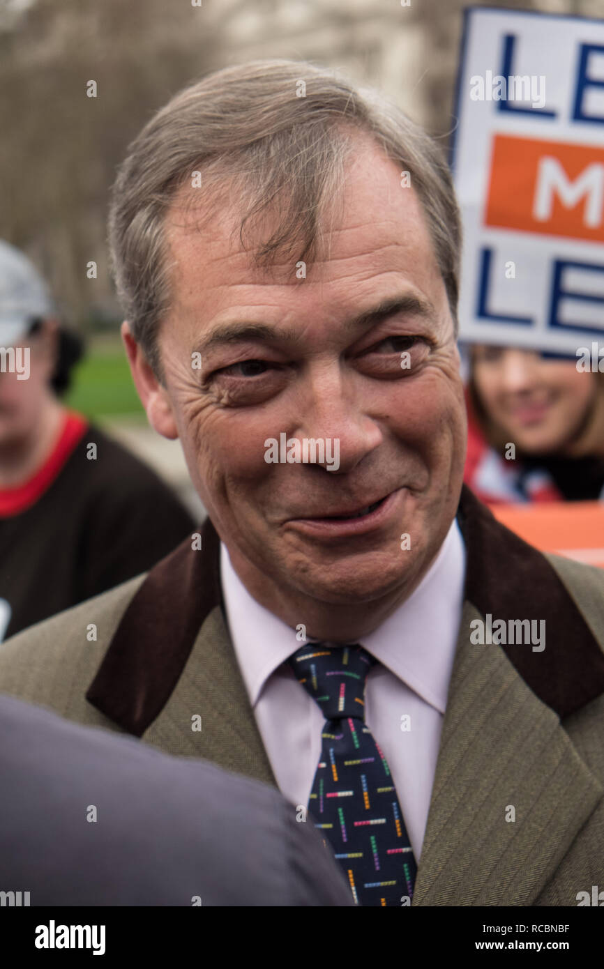 London, UK. 15th January 2019. Nigel Farage with brexit protesters outside Parliament in London, UK. Credit: Jason Wood/Alamy Live News. Stock Photo