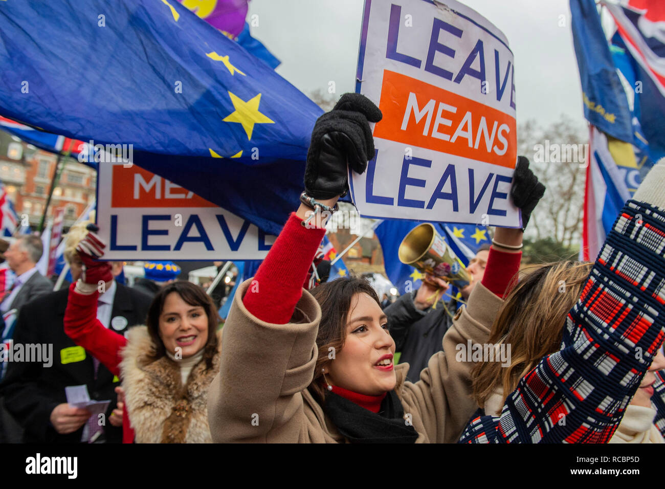 London, UK. 15th January, 2019. Leave means leave and SODEM, pro EU, protestors continue to make their points, side by side, outside Parliament as the vote on Theresa May's plan is due the next day. Credit: Guy Bell/Alamy Live News Stock Photo