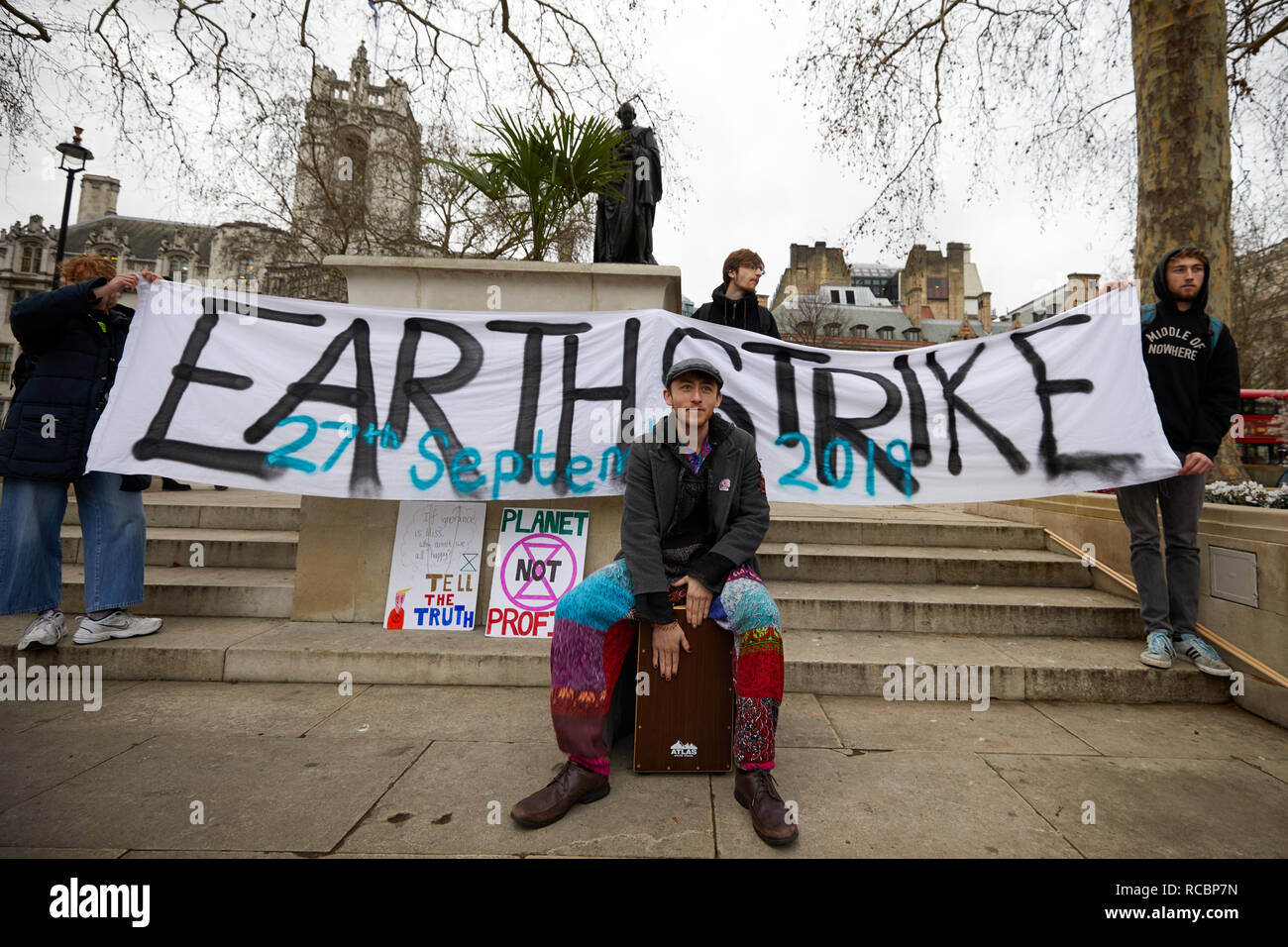 London, UK. - 15 Jan 2019: Supporters of Earth Strike, a grassroots enviromental activisit movement, who demonstrated in Parliament to campaign for a General Stike day on 27 September. Credit: Kevin J. Frost/Alamy Live News Stock Photo
