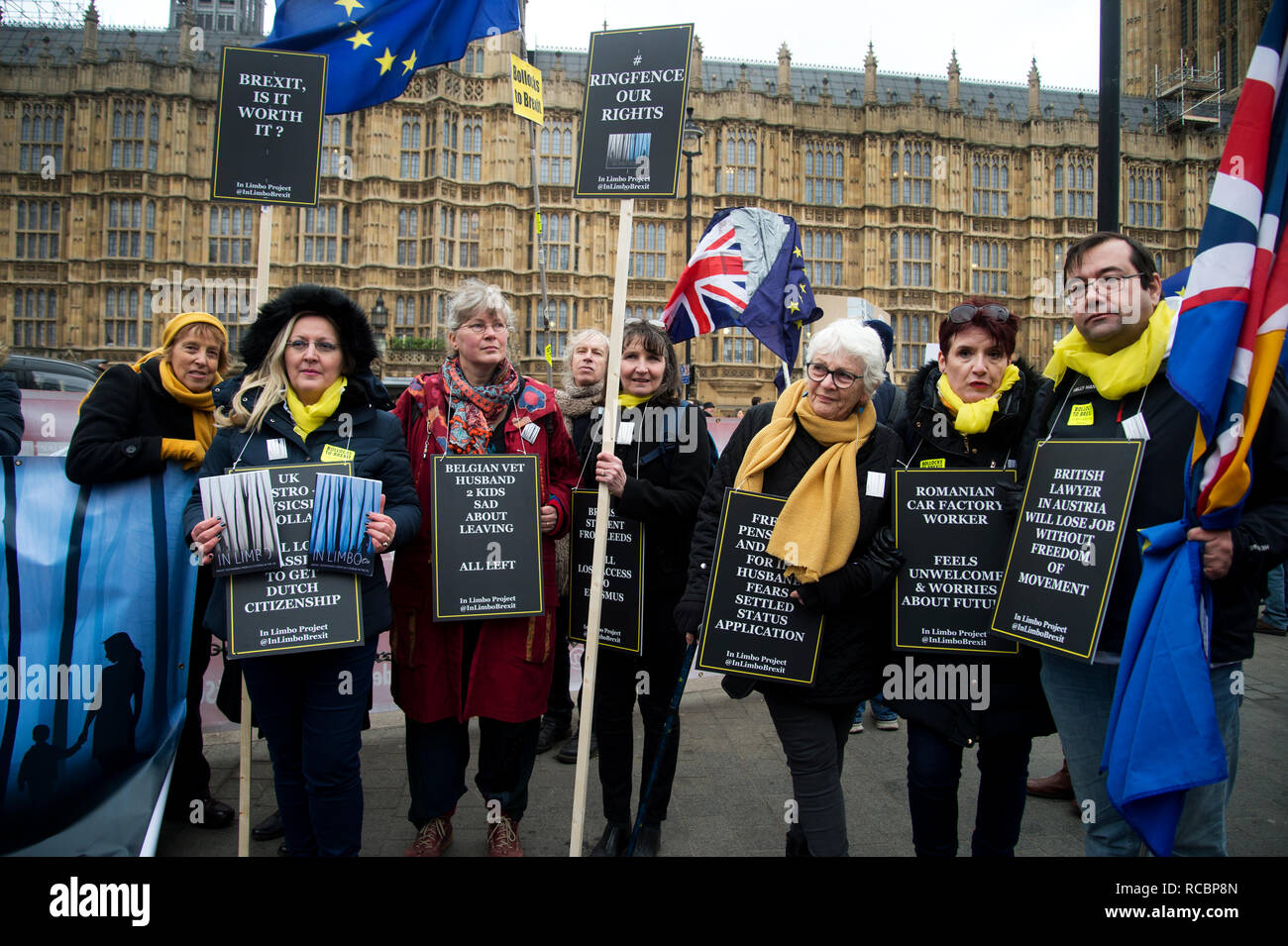 Westminster, London, UK. January 15th 2019. Demonstrations outside the Houses of Parliament as MPS vote on PM Theresa May's Brexit deal. A group of Europeans who feel they are in limbo. Credit: Jenny Matthews/Alamy Live News Stock Photo