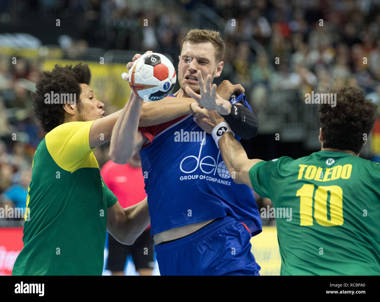 15 January 2019 Berlin Handball Wm Russia Brazil Preliminary Round Group A 4th Matchday Russia S Dmitri Schitnikow M Tries To Beat Brazil S Thiagus Petrus Santos L And Jose Guilherme Toledo Photo