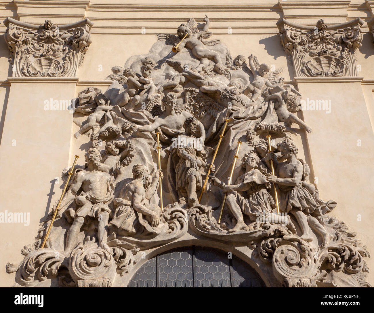 PRAGUE, CZECH REPUBLIC - OCTOBER 18, 2018: Baroque relief of apostle St. James the Grater over the main entry  of  Bazilika Svatého Jakuba Většího Stock Photo