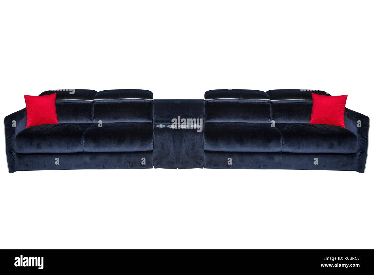 blue sofa with red pillows isolated on white background Stock Photo