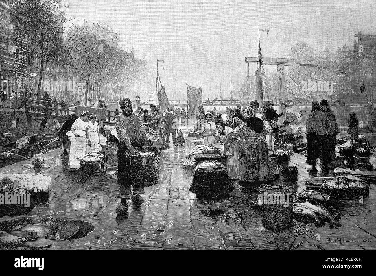 Fish market in Amsterdam, Netherlands, historical wood engraving, 1886