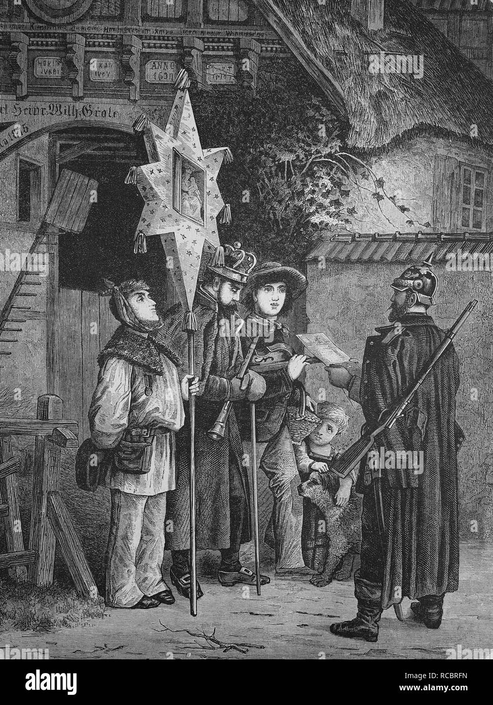 Policeman checking the papers of the three wise men, historical wood engraving, 1886 Stock Photo