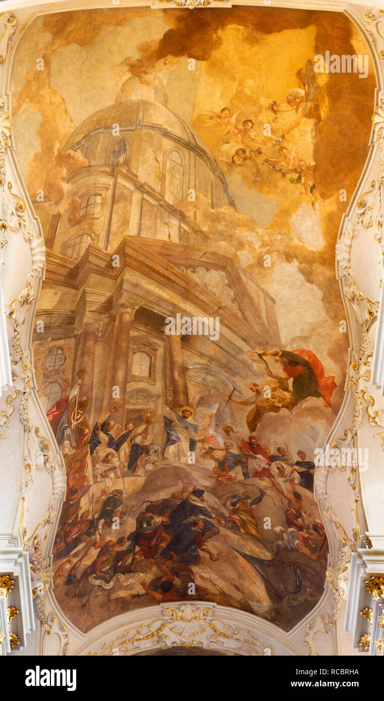 PRAGUE, CZECH REPUBLIC - OCTOBER 14, 2018: The symbolic fresco of Glory of Dominicans order in church of St. Egidius (Jiljí) by Václav Vavřinec Reiner Stock Photo
