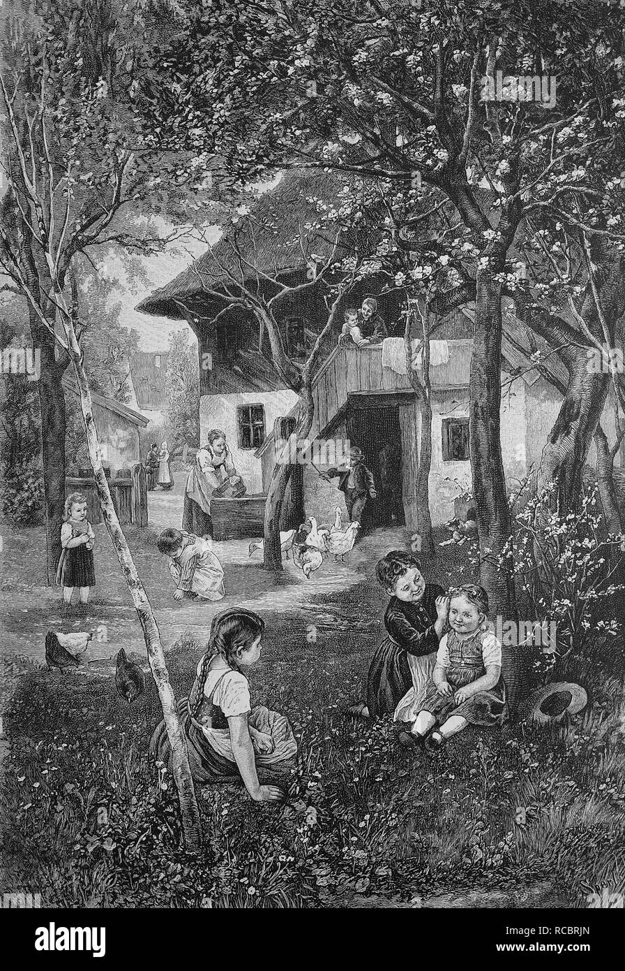 Springtime on the farm, historical engraving, 1880 Stock Photo