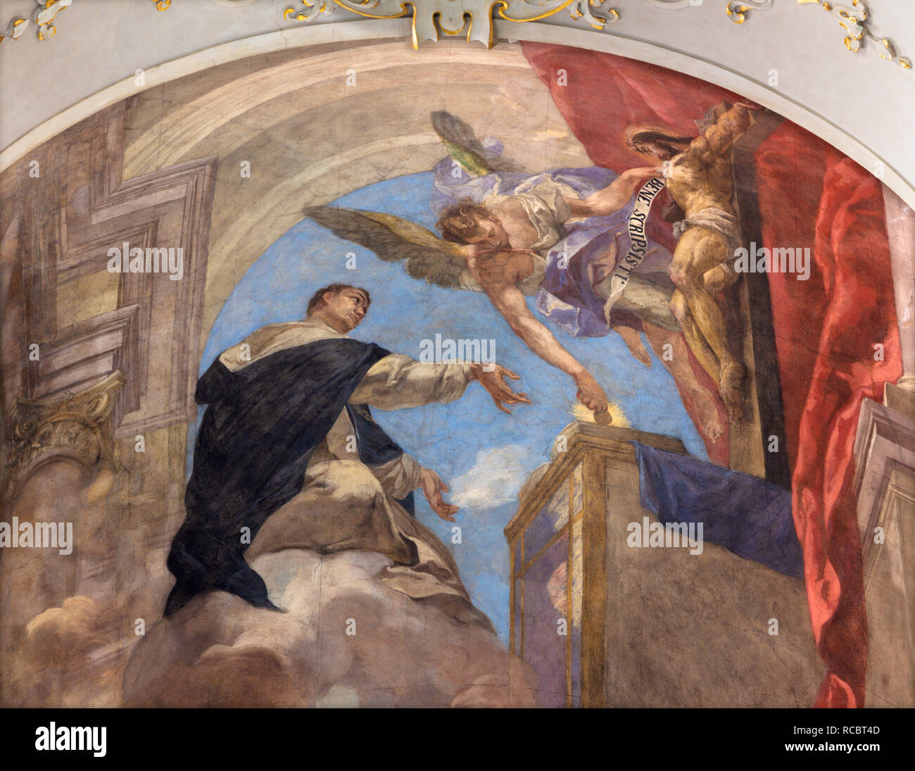 PRAGUE, CZECH REPUBLIC - OCTOBER 12, 2018:  The Fresco of vision of Saint Thomas of Aquinas in church kostel Svatého Tomáše by Václav Vavřinec Reiner  Stock Photo
