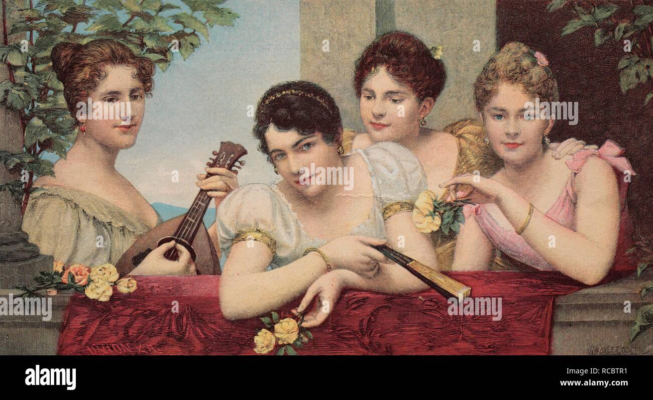 Four friends, historical illustration, circa 1885 Stock Photo