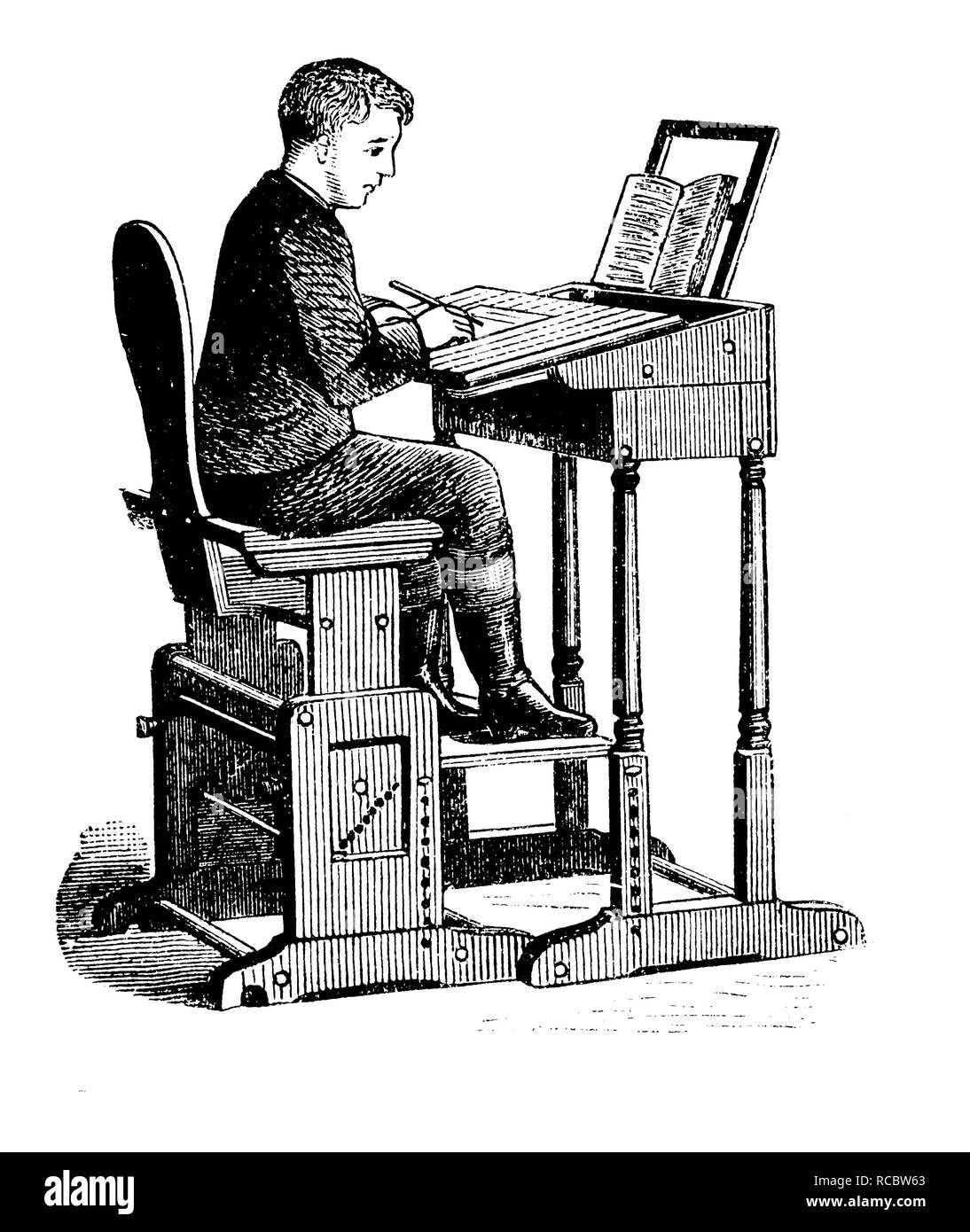 Adjustable school desk with an adjustable seat, historical engraving, circa 1885 Stock Photo