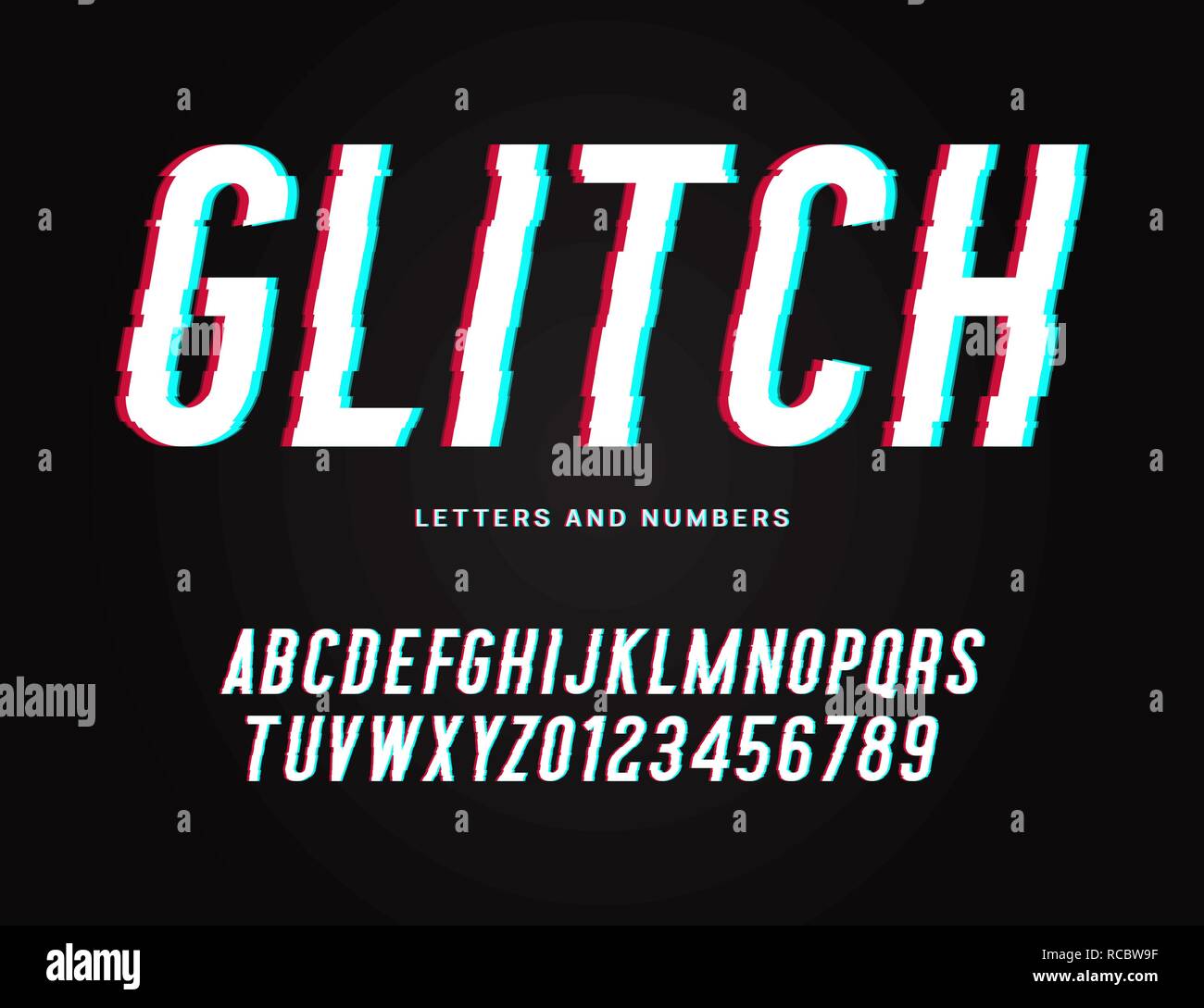 Trendy glitch typeface. distorted letters and numbers. Stock Vector