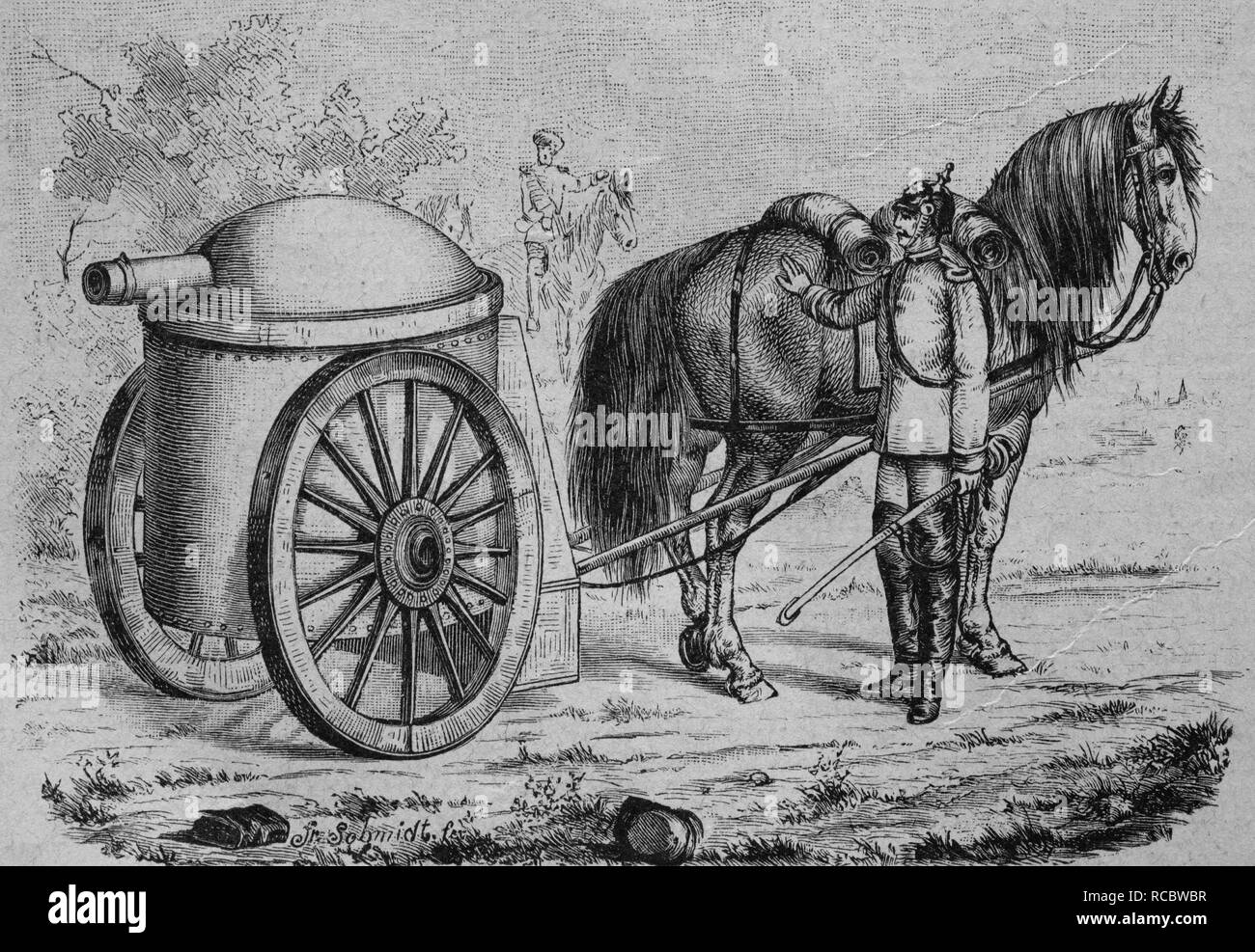 Wheeled armored turret of Hermann August Jacques Gruson, 1821 - 1895, inventor, scientist and industrialist, historic engraving Stock Photo