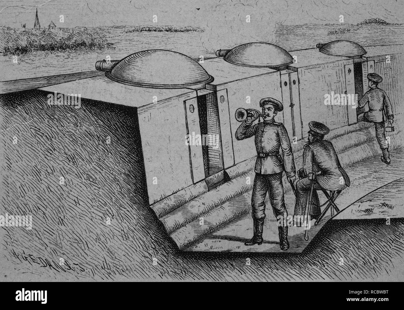 Trenches with wheeled armored turrets, historical engraving, circa 1885 Stock Photo