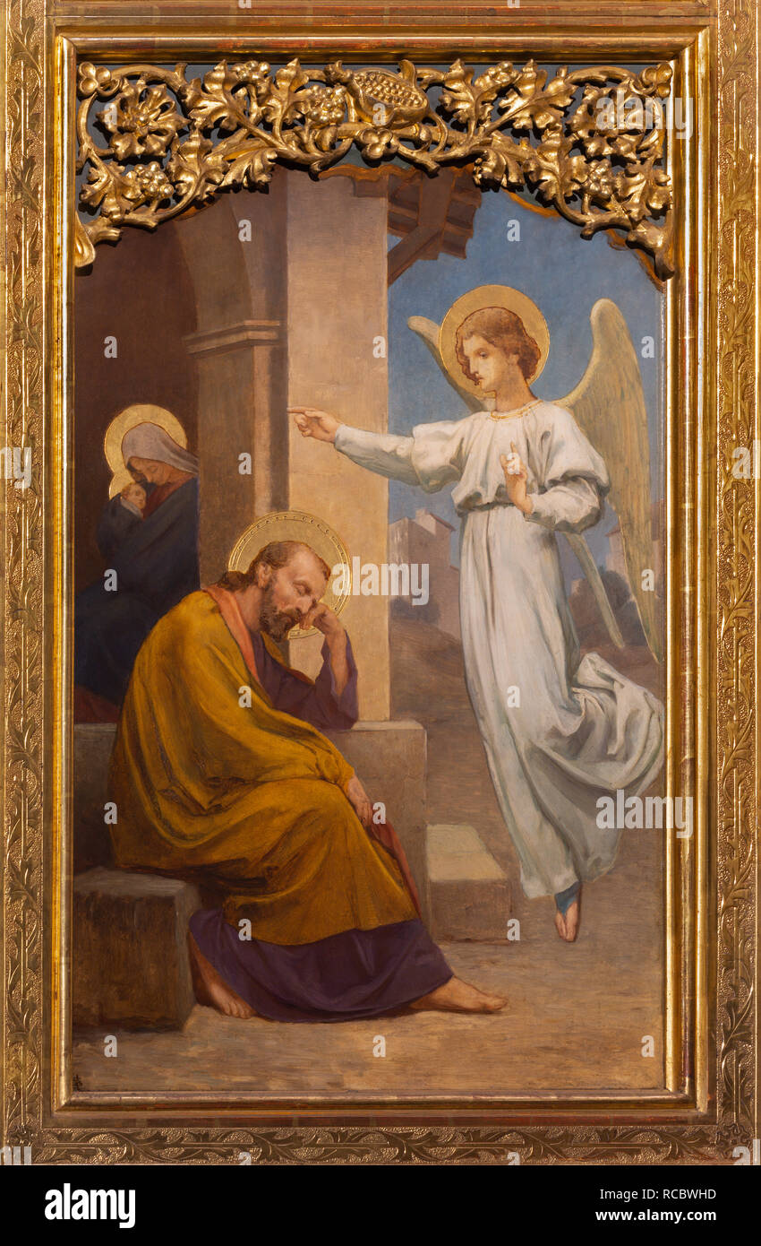 PRAGUE, CZECH REPUBLIC - OCTOBER 12, 2018: The painting of The Vision of angel to St. Jospeh in church Bazilika svatého Petra a Pavla na Vyšehrade Stock Photo