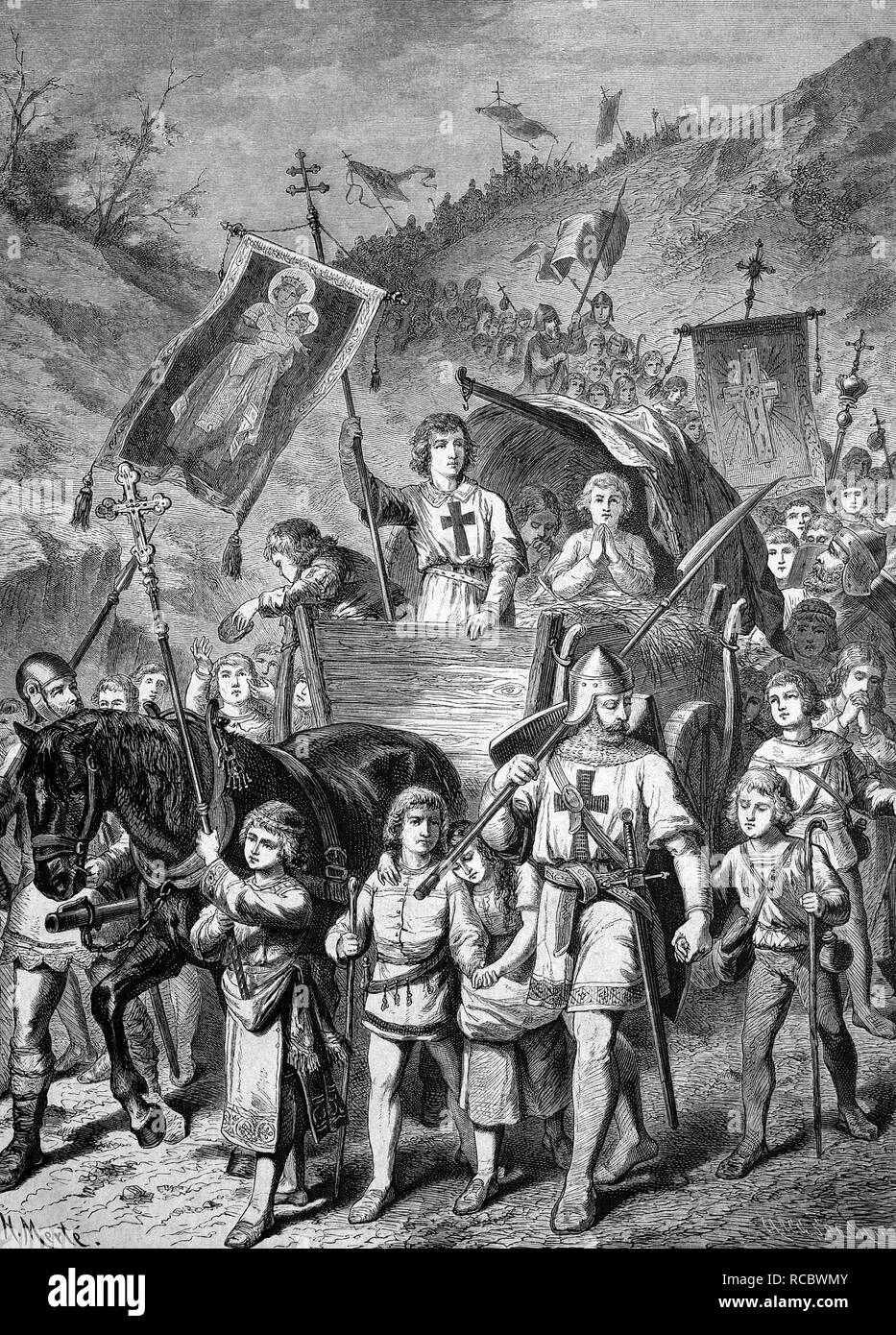 The children's crusade on its way to the Holy Land, 1212, historical engraving, about 1888 Stock Photo
