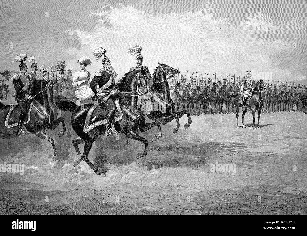 The parade in honor of Emperor Franz Joseph on Tempelhofer Feld field in Berlin, historical engraving, about 1888 Stock Photo