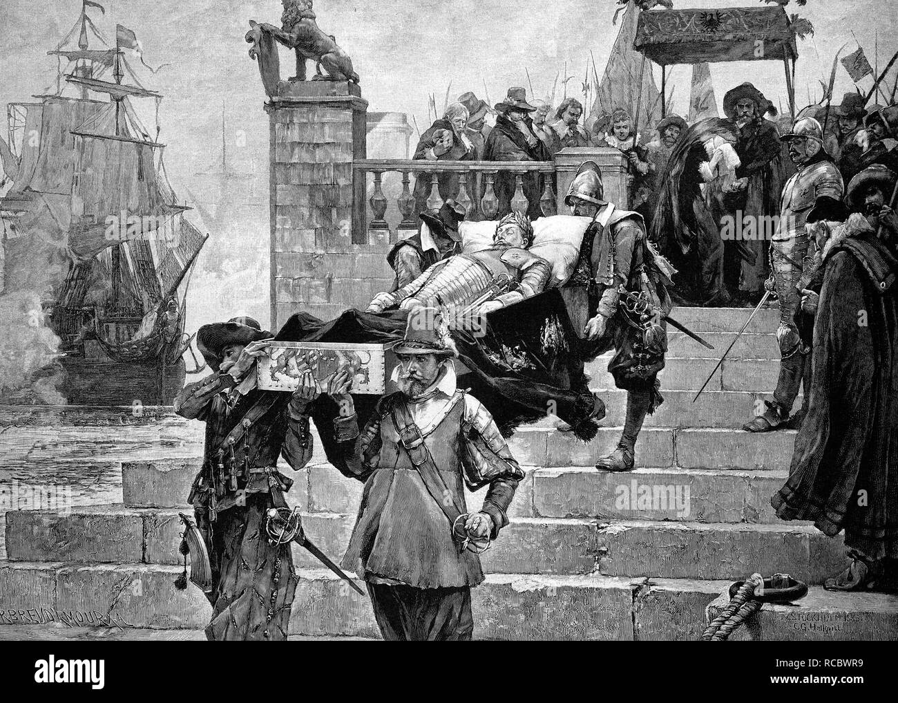 Embarkation of the body of Gustavus Adolphus at the port of Wolgast on 15/7/1633, historic engraving, 1888 Stock Photo
