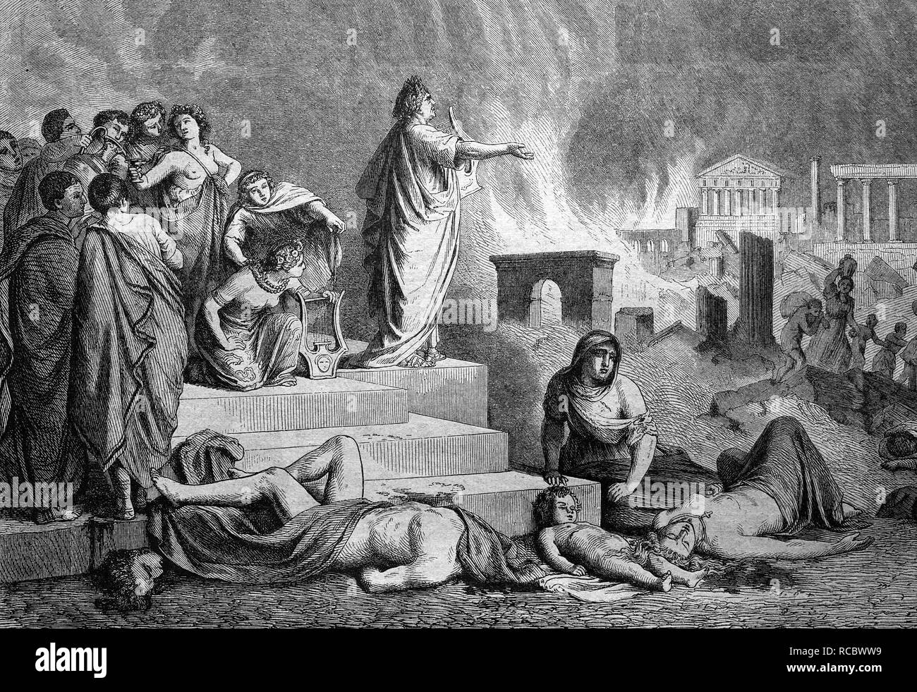 Nero during the burning of Rome, Italy, historical engraving, 1888 Stock Photo