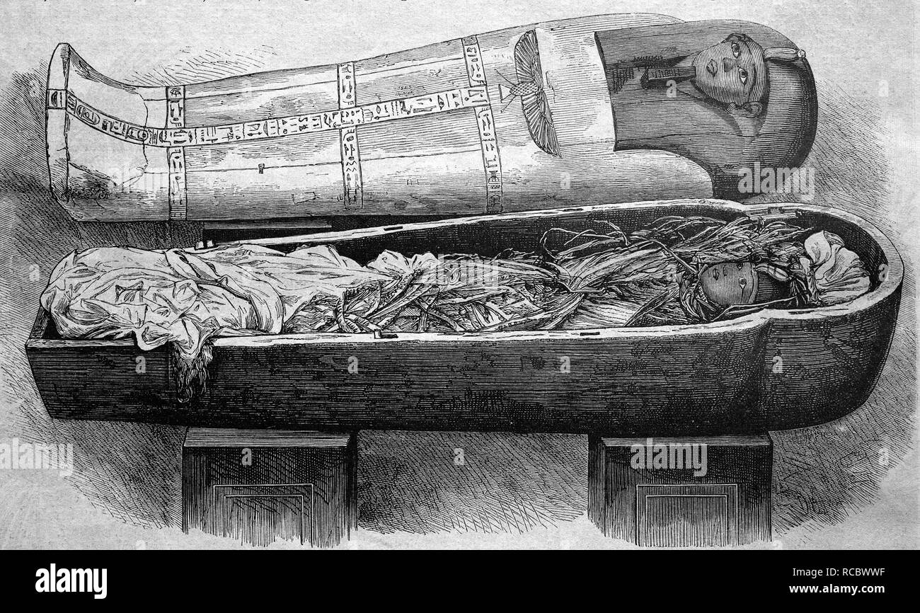 Mummy of ancient Egyptian king Pharaoh Amenhotep I, who reigned from 1525 to about 1504 BC, historical engraving, 1888 Stock Photo