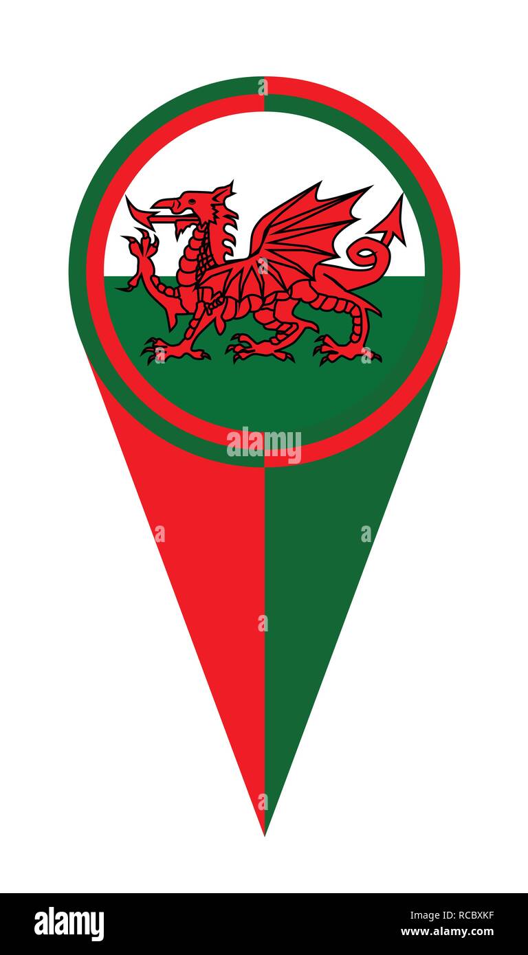 Red white and green Welsh map pointer pin icon location flag marker Stock Vector