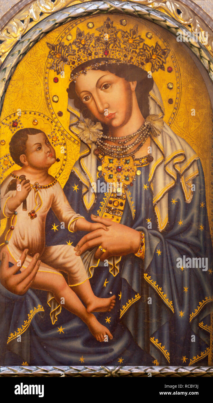 PRAGUE, CZECH REPUBLIC - OCTOBER 12, 2018: The icon of Madonna in church Bazilika svatého Petra a Pavla na Vyšehrade. Stock Photo