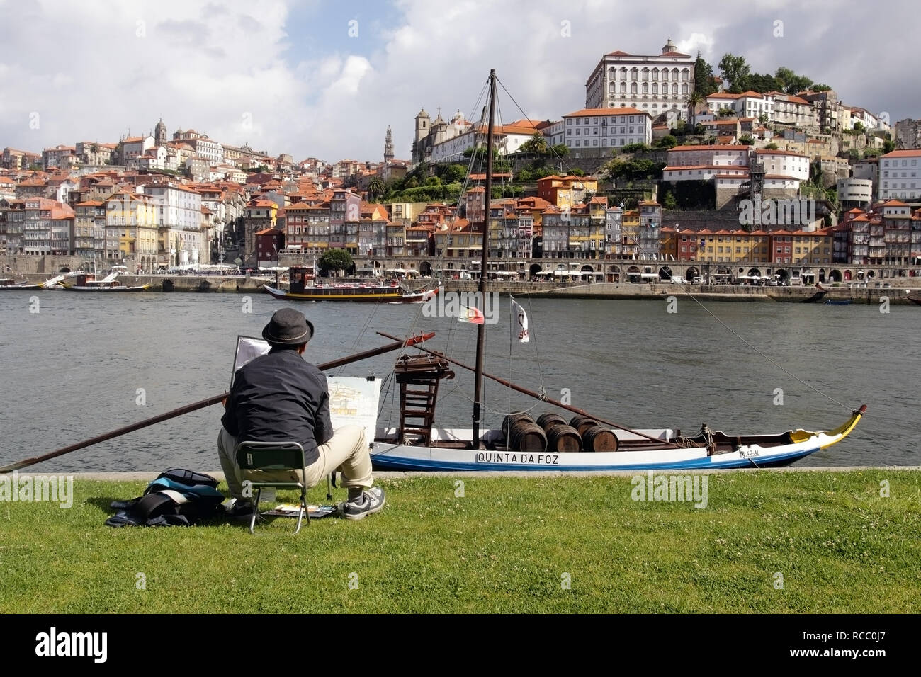 Porto, Portugal - May 26, 2012: Ribeira do Porto as seen from the opposite bank of the Douro River, the twin city of Vila Nova de Gaia, seeing in the  Stock Photo