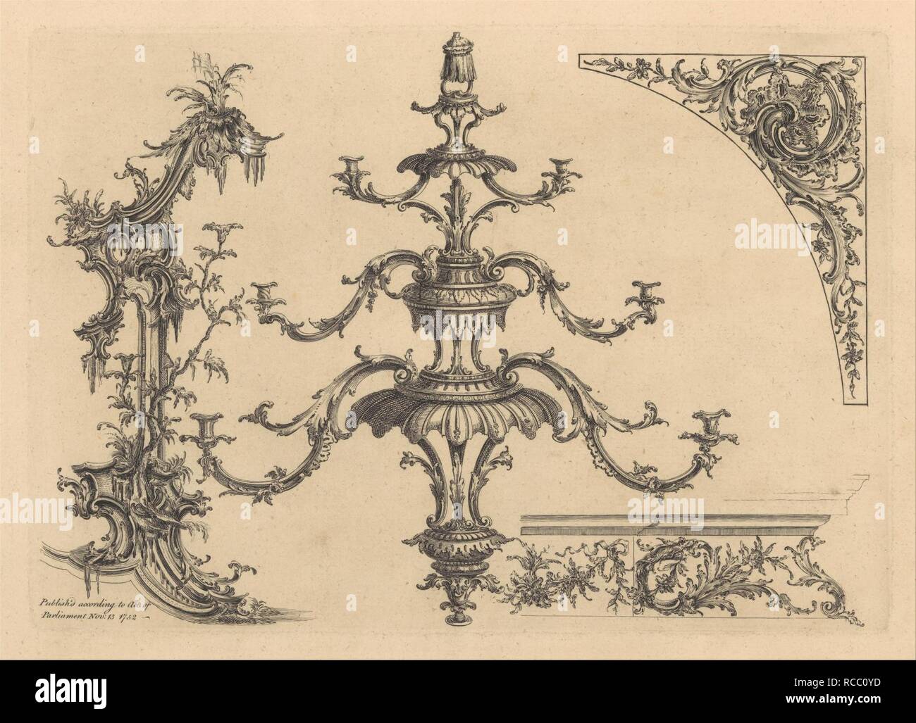 12 plates from 'A New Book of Ornaments with Twelve Leaves Consisting of Chimneys, Sconces, Tables, Spandle Panels, Spring Clock Cases, Stands, a Chandelier and Girandole, etc.' Stock Photo