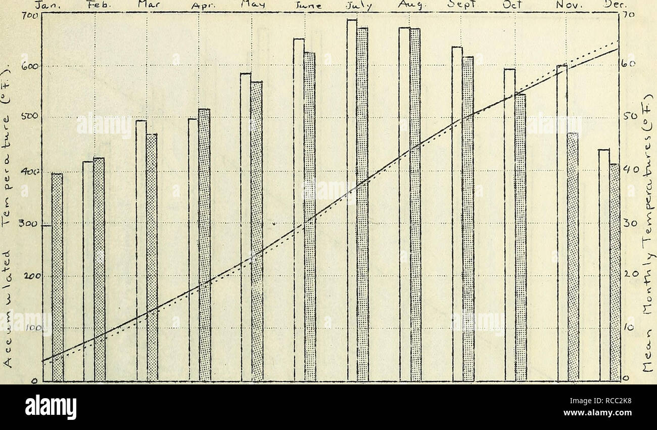. Diseases of plants in the United States in 1937. Crop losses United States; Plant diseases United States. 167 PORTLAND, OREGON Nl ov • Dec.. Fig. 17. Accumulated temperature in degrees F. at Portland, Oregon for the year I937 (dotted line) compared Y;ith normal (solid line), and mean monthly temperatures (plain bars) compared with normal (shaded bars).. Please note that these images are extracted from scanned page images that may have been digitally enhanced for readability - coloration and appearance of these illustrations may not perfectly resemble the original work.. Wood, Jessie I; Nance Stock Photo