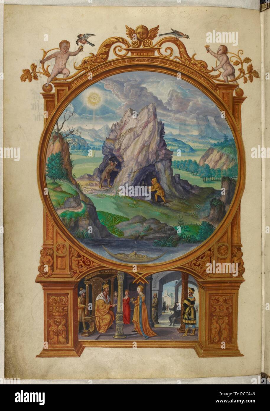 Illustration of the First Parable: alchemists searching for gold by  quarrying into a rock; below, Esther and Ahasuerus. Splendor Solis.  Germany, 1582. Source: Harley 3469, f.13v. Language: German. Author:  Trismosin, Salomon Stock
