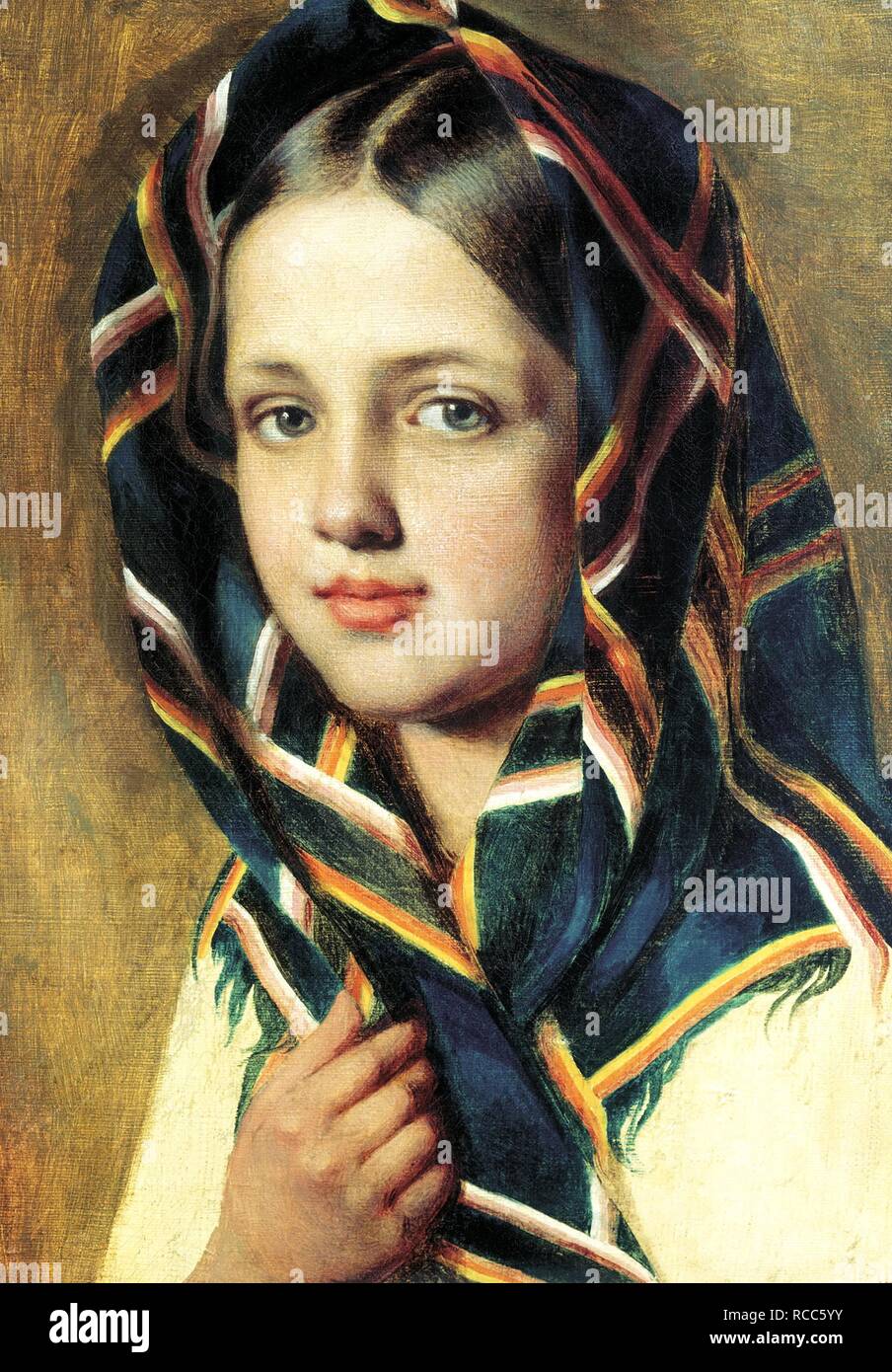 Girl With Headscarf. Museum: State Russian Museum, St. Petersburg. Author: Venetsianov, Alexei Gavrilovich. Stock Photo