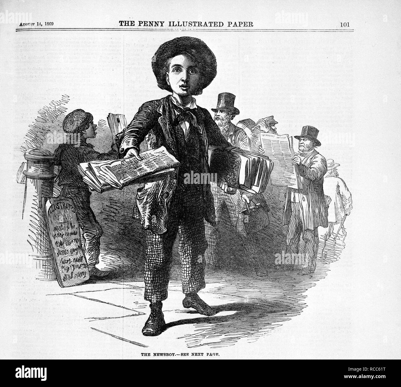 The newsboy. A boy selling newspapers. Illustration from issue dated 14 August, 1869. The Penny Illustrated Paper. London; 12 Oct.1861-28 Dec.1907. Source: Colindale,. Language: English. Stock Photo