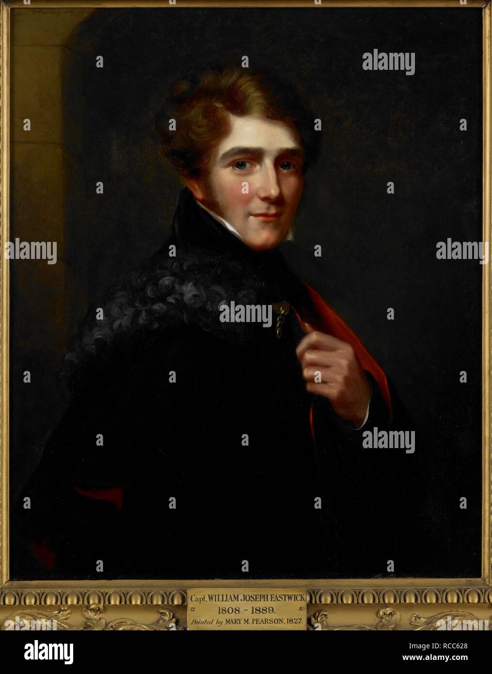 Captain William Joseph Eastwick (1808-89)., Bombay Army 1827-41, and Director of the East India Company 1849-58. A half-length figure, with body turned towards the right. The face is seen almost in full. Eastwick wears a red-lined black cape with a fur collar and gold chain. Dark background with archway. arrived in India in 1827 and served with the Bombay army in the Kolhapur and South Maratha country. He became Assistant to Sir H. Pottinger in Sind and negotiated the 1839 Treaty with the Amirs. He served in the 1st Afghan War and obtained supplies for Nott at Kandahar. He retired in 1841 and  Stock Photo