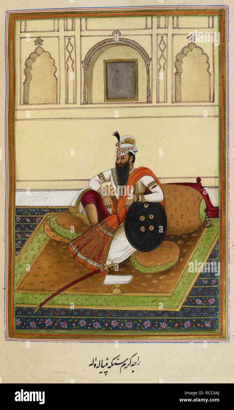 Portrait of Maharaja Karam Singh of Patiala (r.1813-1848). Tazkirat al-umara, written for Col. James Skinner. Historical notices of some princely families of Rajasthan and the Panjab, chiefly of those near to Hissar where Colonel Skinner was stationed. Thirty-eight portraits. India, 1830. Source: Add. 27254, f.197v. Language: Persian. Author: ANON. Stock Photo