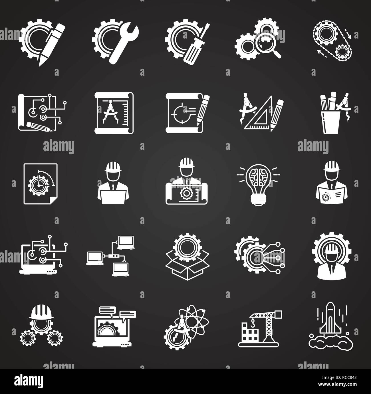 Engineering icons set on black background for graphic and web design ...
