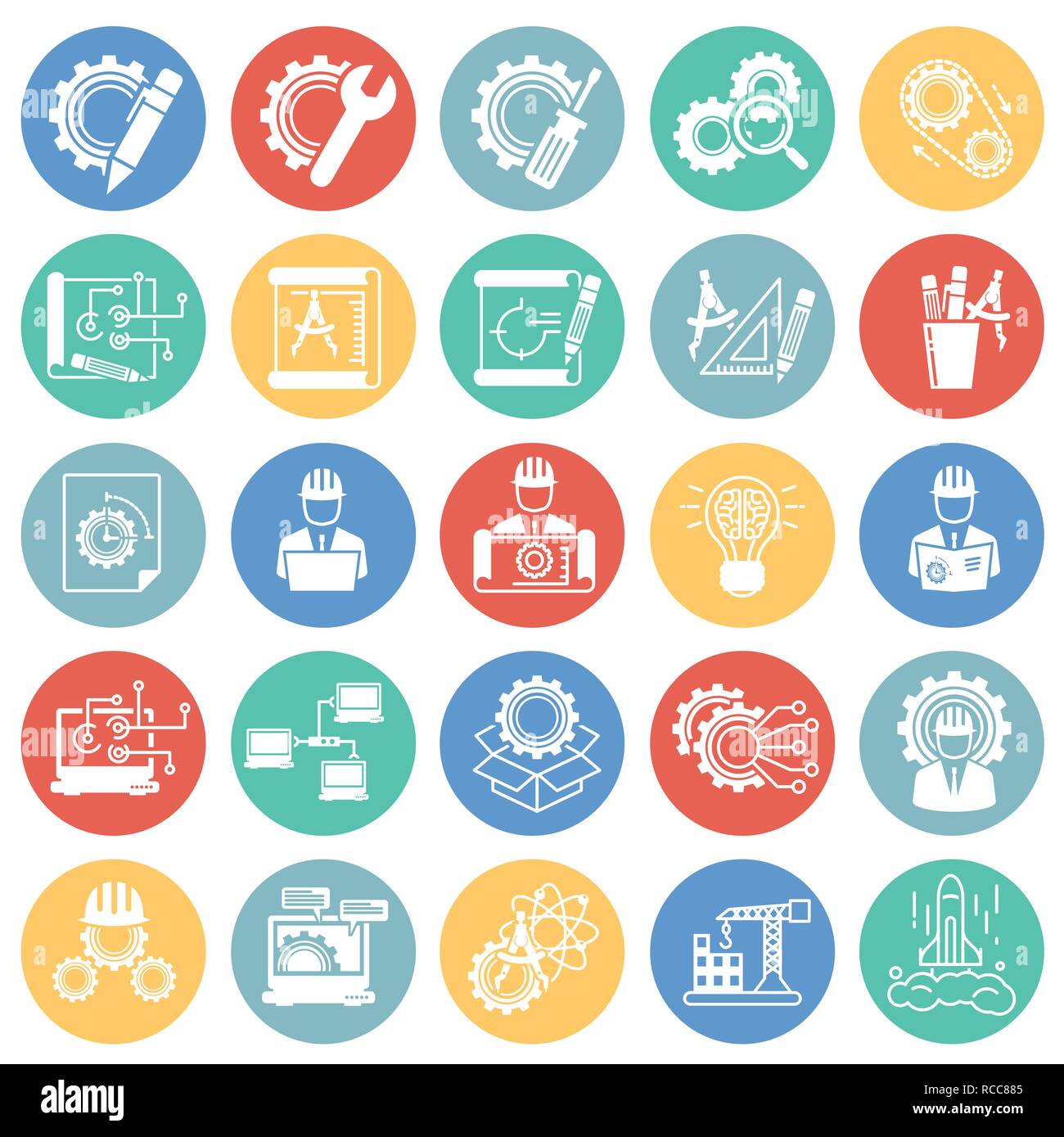Engineering icons set on color circles background for graphic and web ...