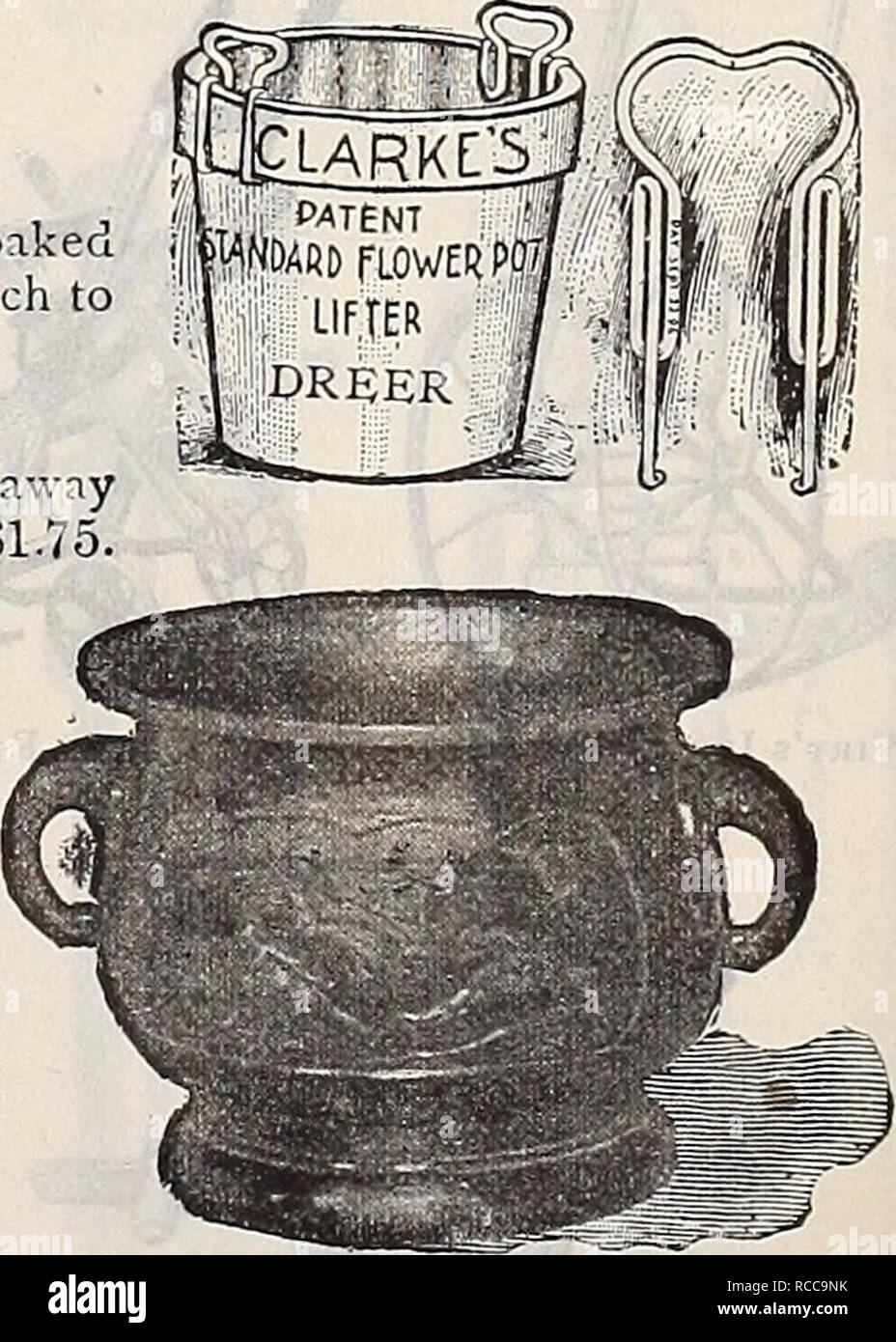 . Dreer's 1900 autumn catalogue of bulbs, plants, seeds, etc. Bulbs (Plants) Catalogs; Flowers Seeds Catalogs; Gardening Equipment and supplies Catalogs; Nurseries (Horticulture) Catalogs; Fruit Seeds Catalogs. OREERS PLANTSrANP .15. 18 .24 .30. .36. .$0 60. 70. 90 . 1 20. 1 45 $0 75 .§1 40 85 1 55 . 1 10 1 85 . 1 40 2 15 . 1 60 2 30 Wood Plant Stand. FEOWER POT EIFTER. This ingenious pot lifter is a safeguard against broken Jardinieres and also water-soaked plants, as they can be easily lifted from the Jardiniere with safety. Sizes to fit from 6-inch to 12-inch pots. Price, 20 cts. per pair.  Stock Photo
