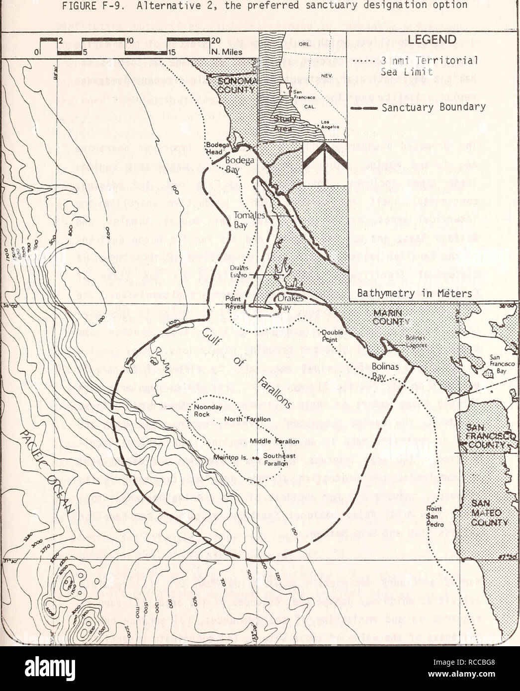 . Draft environmental impact statement prepared on the proposed Point Reyes/Farallon Islands Marine Sanctuary / U.S. Department of Commerce, National Oceanic and Atmospheric Administration, Office of Coastal Zone Management. Marine parks and reserves California.. FIGURE F-9. Alternative 2, the preferred sanctuary designation option. F-67. Please note that these images are extracted from scanned page images that may have been digitally enhanced for readability - coloration and appearance of these illustrations may not perfectly resemble the original work.. National Ocean Survey. Office of Coast Stock Photo
