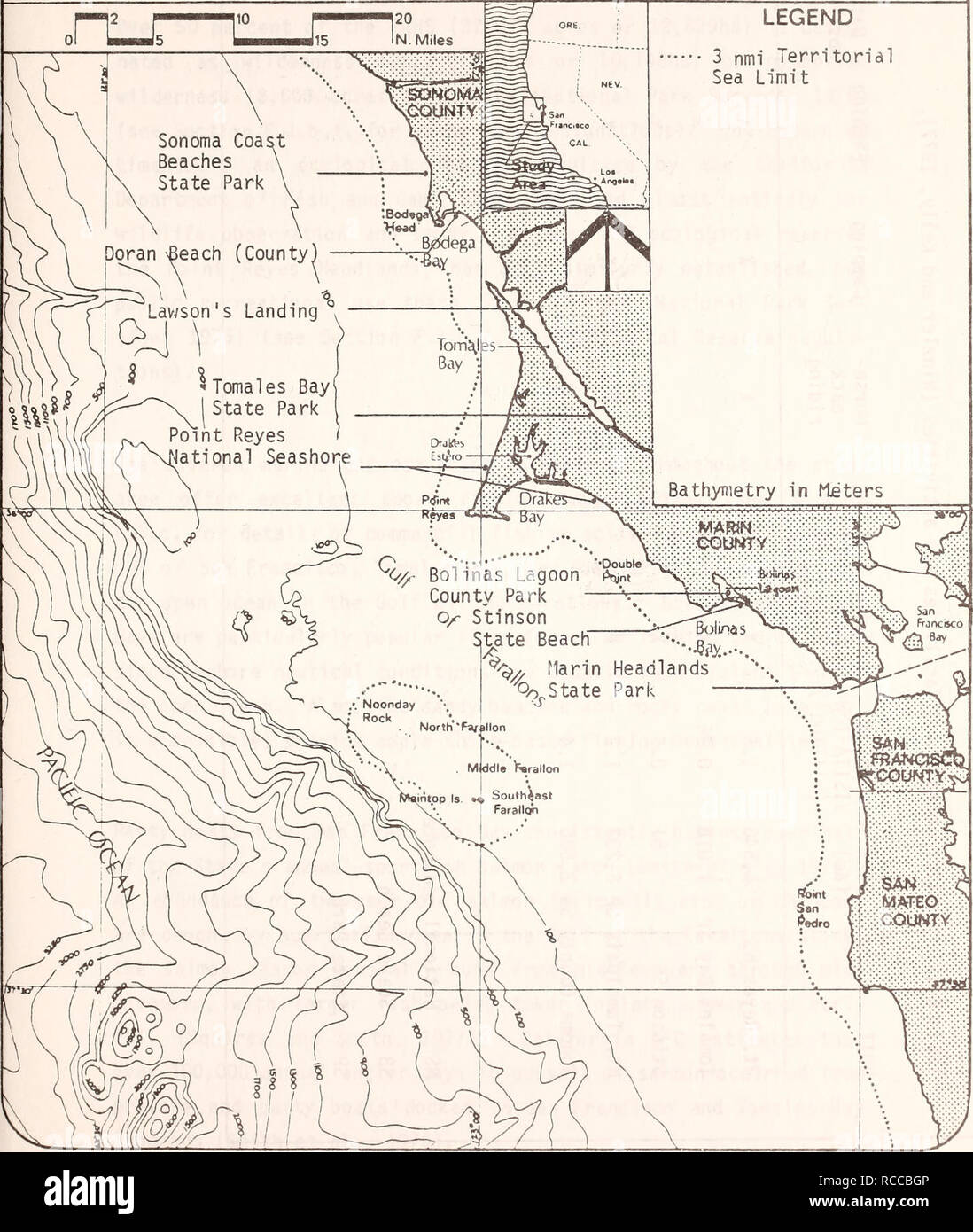 . Draft environmental impact statement prepared on the proposed Point Reyes/Farallon Islands Marine Sanctuary / U.S. Department of Commerce, National Oceanic and Atmospheric Administration, Office of Coastal Zone Management. Marine parks and reserves California.. FIGURE E-14. Recreation facilities in the Point Reyes area (from California Department of Parks and Recreation files and maps).. LEGEND 3 nmi Territorial Sea Limit. Please note that these images are extracted from scanned page images that may have been digitally enhanced for readability - coloration and appearance of these illustratio Stock Photo