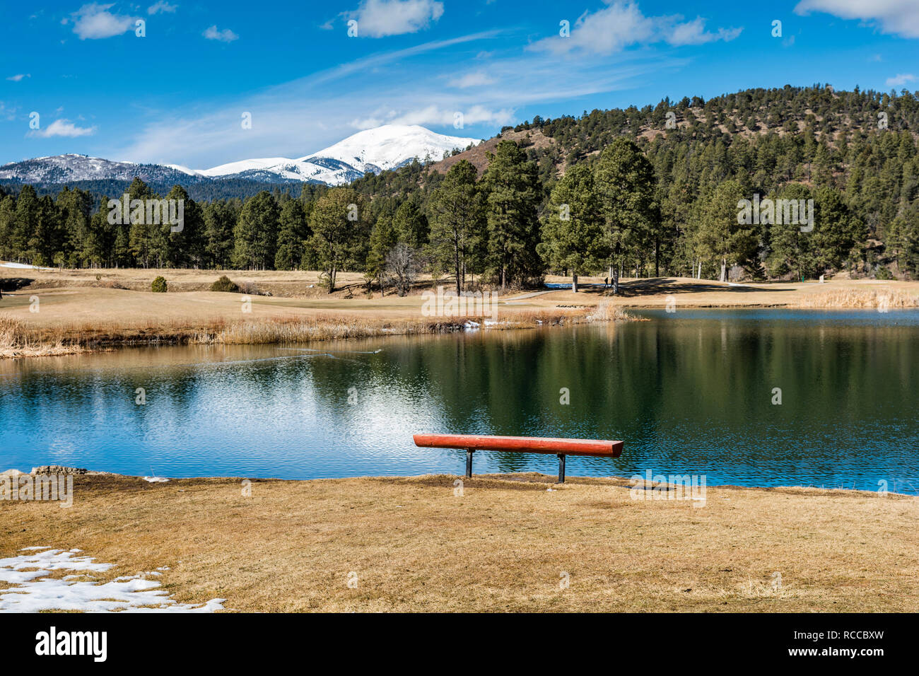 Ruidoso, New Mexico, USA, Sierra Blanca mountain peak from the Inn of the Mountain Gods golf course and lake operated by the Mescalero Apache tribe. Stock Photo