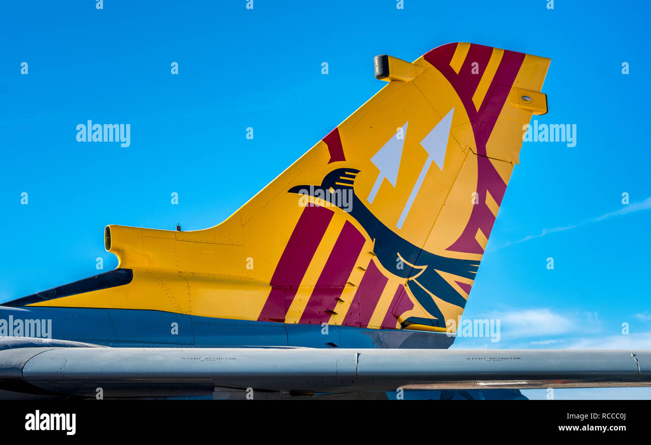 Alamogordo, New Mexico, USA, German Air Force Tornado Jet Fighter Plane tail painted with roadrunner and Zia symbol. Stock Photo