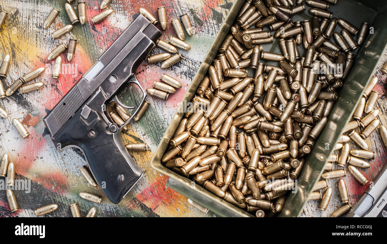 Pistol Bullet Gun Table High Resolution Stock Photography and Images