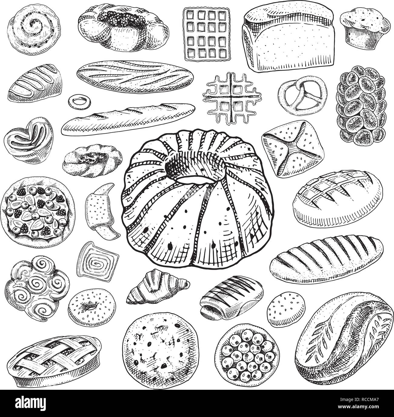 Set of Bakery and pastry products. Bread and pie, buns and cakes ...